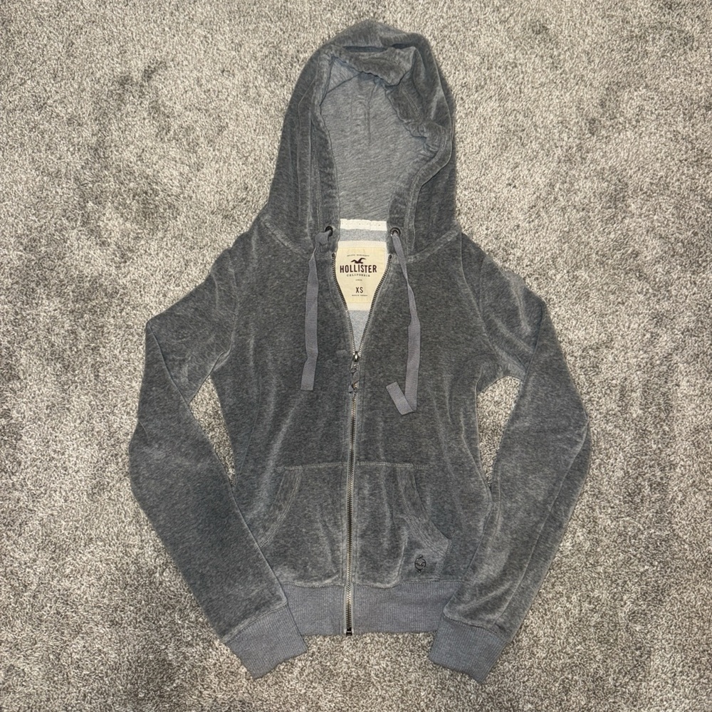 2010s Hollister Gray Velvet Zip-up Hoodie
